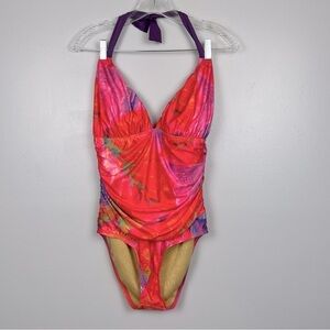 Athena 1 piece halter tie neck ruched detail swimsuit, size 10.